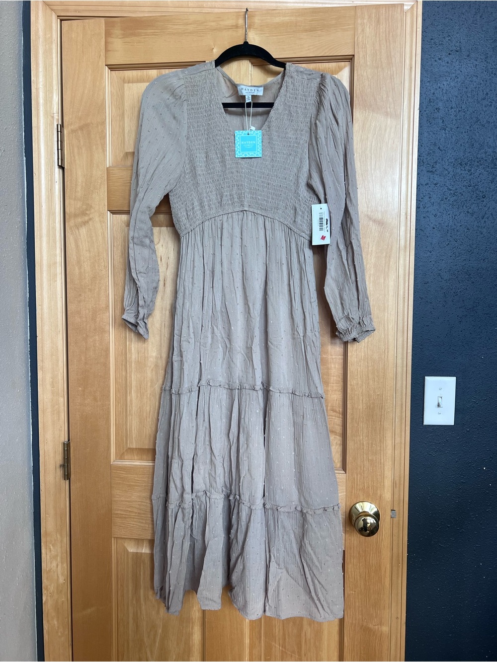 Hayden Taupe Smocked V-Neck Maxi Dress